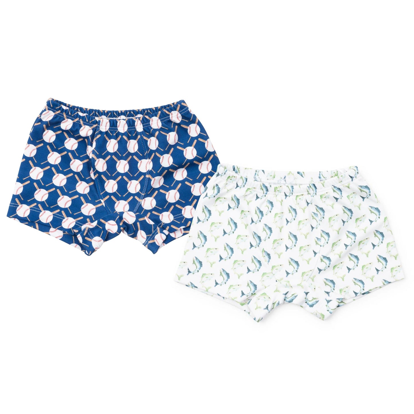 James 2 PC boys boxer briefs by Lila & Hayes in Jumping Trout and Up at Bat prints, 100% pima cotton