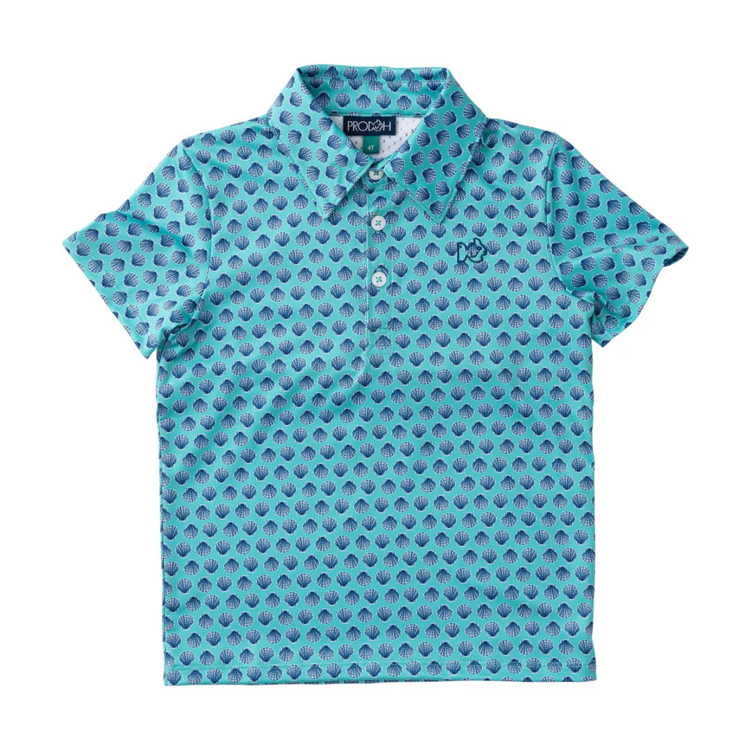 Boys' marine green shell print short-sleeve polo with breathable mesh back panel and embroidered Prodoh logo
