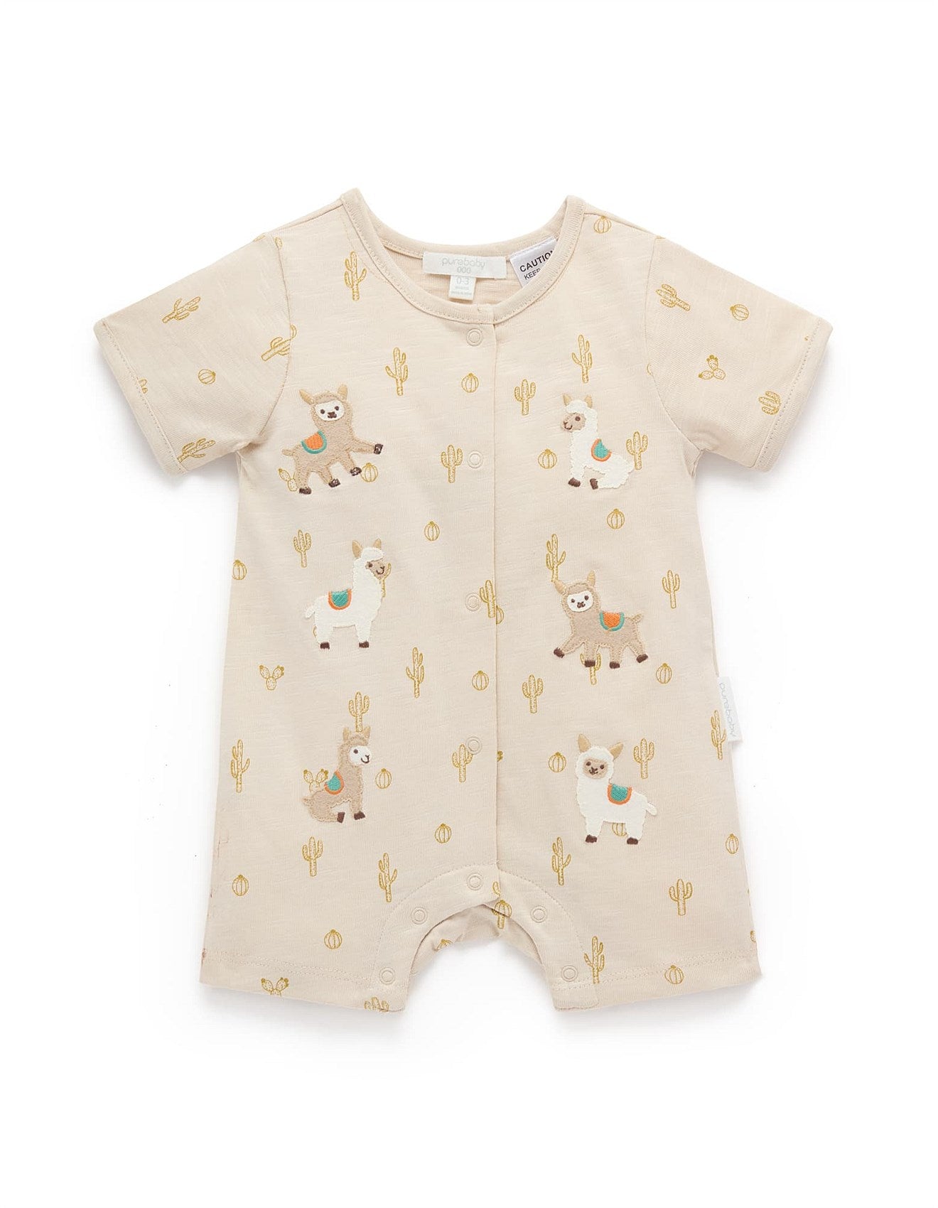 Llama Fiesta Short Growsuit in organic cotton with cactus print and llama appliqués