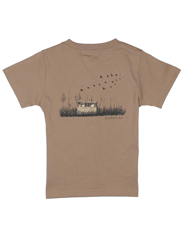 Walnut Duck Blind Pocket T-Shirt by Properly Tied, 100% Pima cotton with hand-drawn graphic and front pocket detail