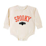 Long-sleeve infant romper with orange chenille patch detail on natural cotton base