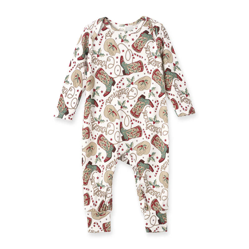 Holiday Hoedown Romper in festive cowboy print by Tesa Babe, full-length zippered bamboo romper