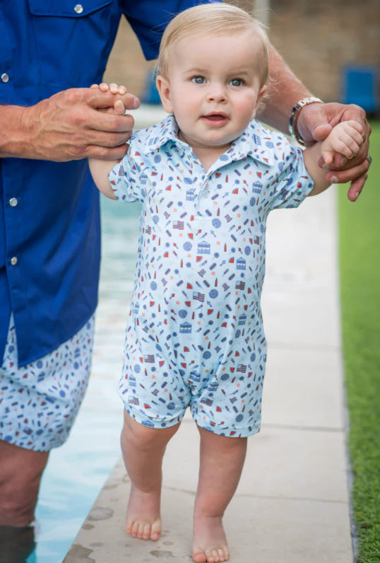 Stars & Stripes Polo SS Romper-Blue Quail