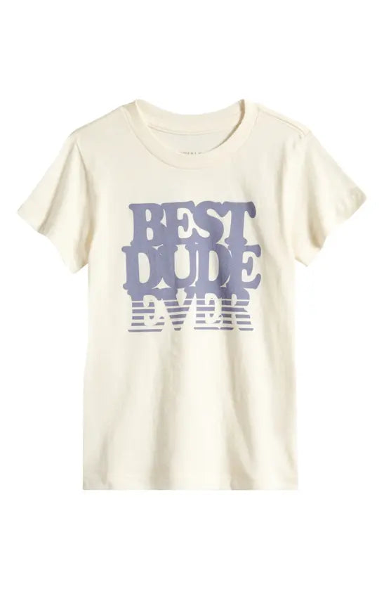 Cream cotton short-sleeve t-shirt with Best Dude Ever graphic by Tiny Whales