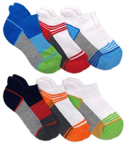 Load image into Gallery viewer, Six pairs of sporty, ankle cut socks. The socks are all different combinations of colors.