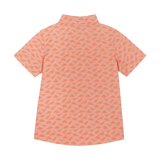 A peach-orange short sleeve button up shirt with darker orange shapes of various dinosaurs throughout the pattern.
