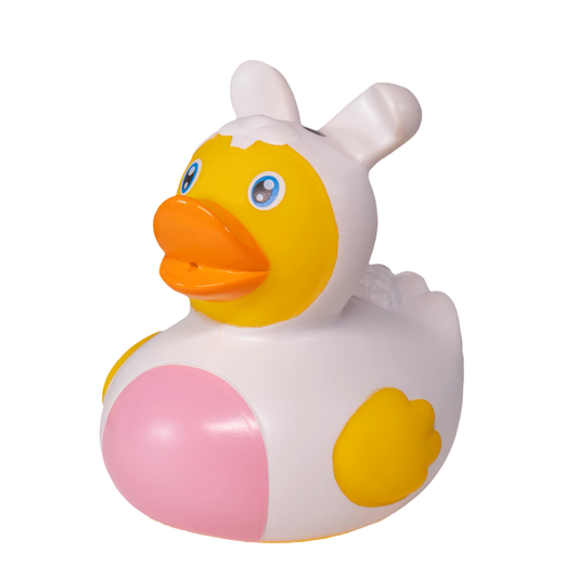 A classic yellow rubber duck wearing a pink easter bunny onesie