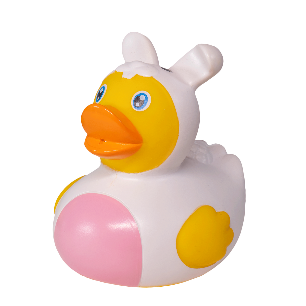 A classic yellow rubber duck wearing a pink easter bunny onesie
