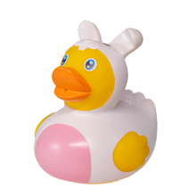Load image into Gallery viewer,  A classic yellow rubber duck wearing a pink easter bunny onesie