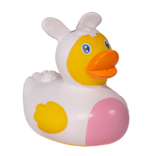 Load image into Gallery viewer,  A classic yellow rubber duck wearing a pink easter bunny onesie