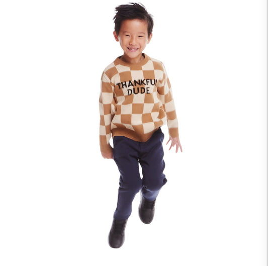 Young boy wearing a tan and beige checkered sweater. Black letters on the front say "Thankful Dude." He is wearing navy pants and black shoes.