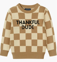 Load image into Gallery viewer, A tan and cream checkered long-sleeved sweater with a crew neck. The sweater has the saying "Thankful Dude" written across the front in black letters.