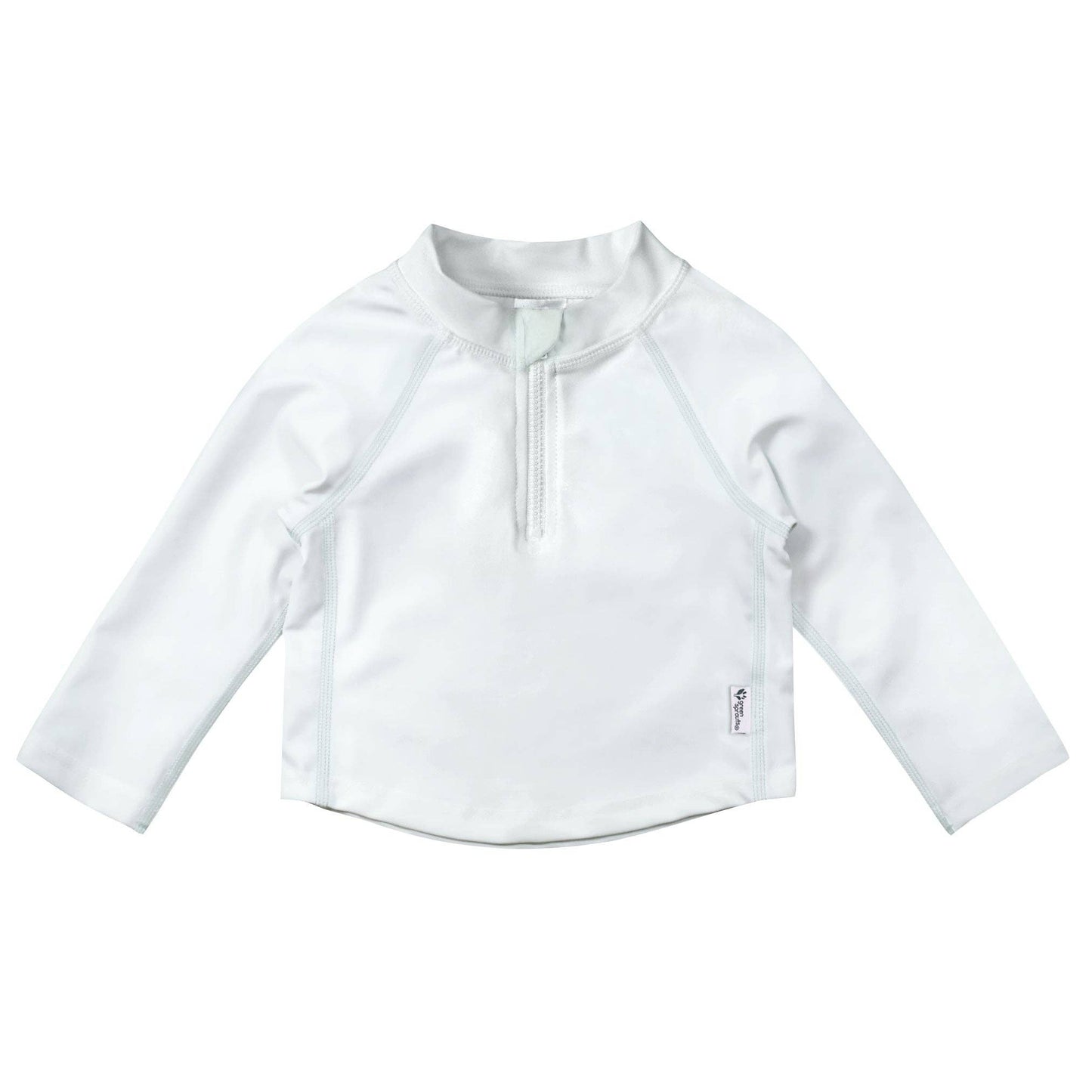 White UPF 50+ zip rashguard with high neck and half-zip closure by Green Sprouts