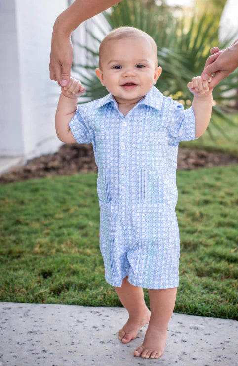 Guayabera- Blue Cane Lattice SS Romper-Blue Quail