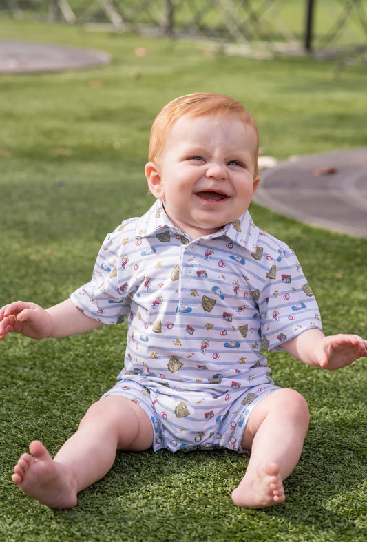 7th Inning Stretch Polo SS Romper-Blue Quail