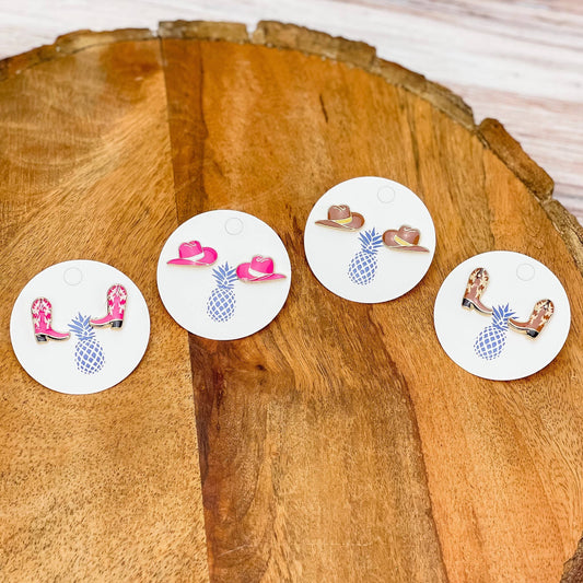 Western Enamel Stud Earrings - Pink Boot