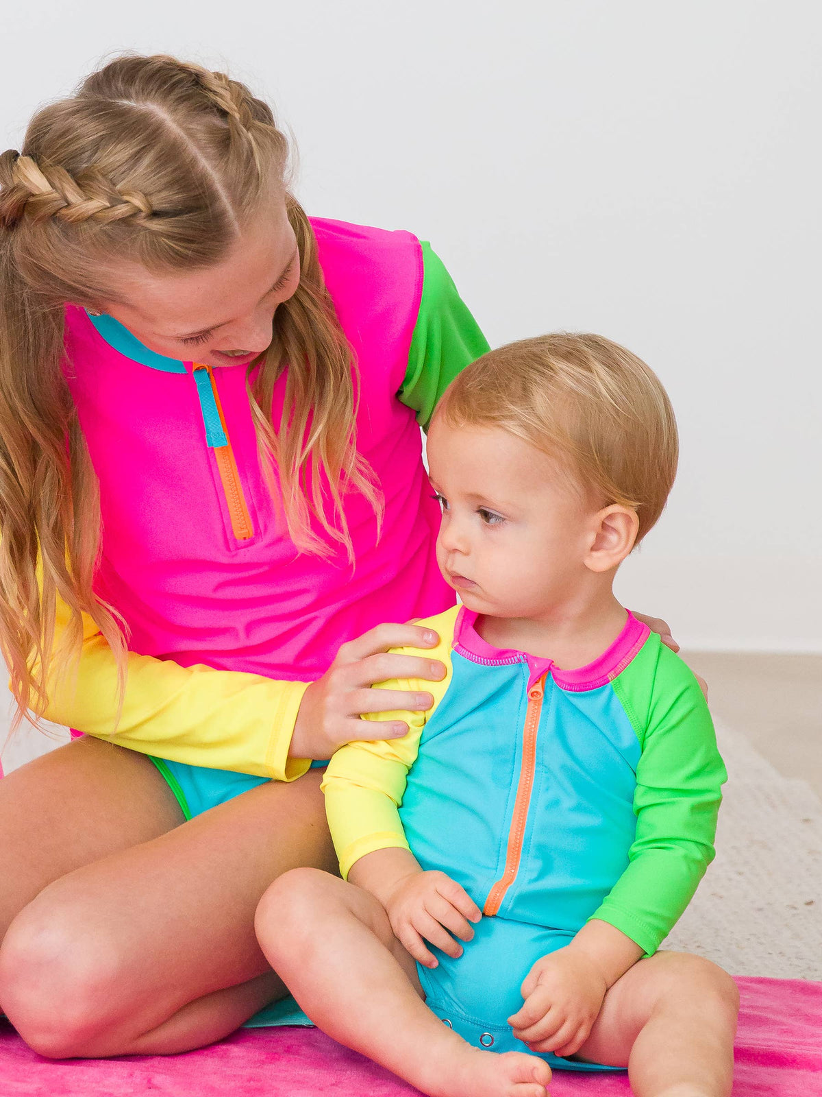 RuggedButts - Baby Boys Neon Color Block Long Sleeve One Piece Rash Guard Swimsuit