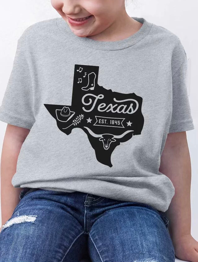 Heather grey kids tee with Texas state outline graphic by Kids By Kissed Apparel