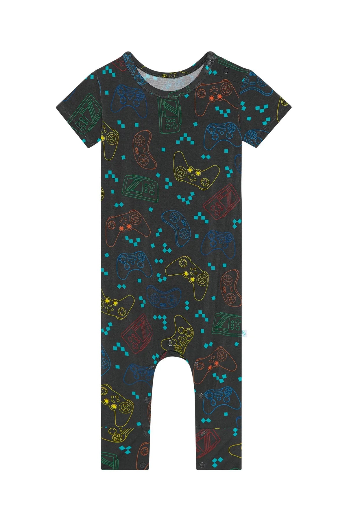 Player One Print Romper by Posh Peanut in soft bamboo viscose with short sleeves and full-length pants