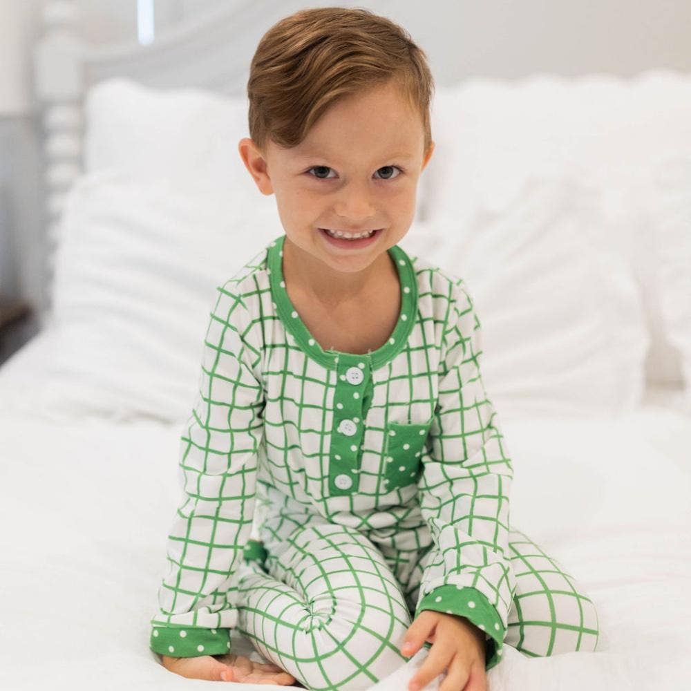 White and mulberry green check pajamas with coordinating polka dot trim by Sugar Bee Clothing