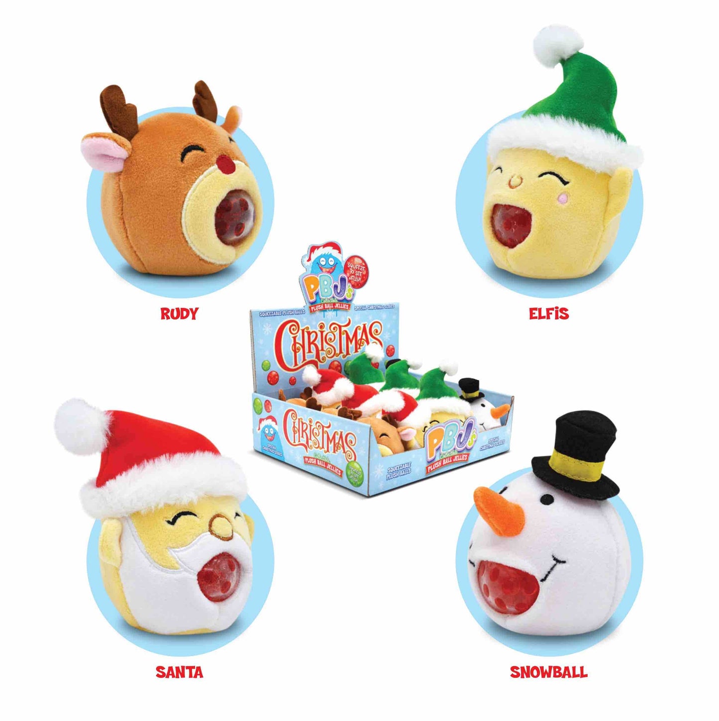 Four festive Plush Ball Jelly characters: Rudy, Elfis, Santa, and Snowball—gel-filled squeeze toys