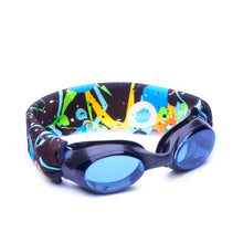 Load image into Gallery viewer, Our Cosmo swim goggles feature our tangle-free, patent-pending strap in an abstract print on a black frame with lightly tinted blue lenses. One size fits kids to adults. Ages 3+. No more pulled or tangled hair. Fun, fashionable, comfortable. High visibility, anti-fog lenses. Shatter resistant polycarbonate lenses. Hypoallergenic—latex & pvc free. Sensory friendly.