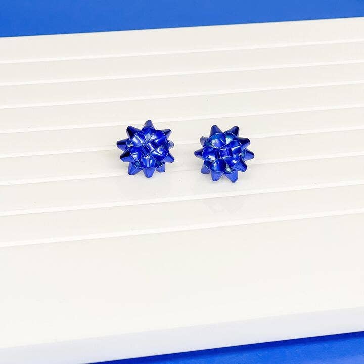 Blue metallic present bow stud earrings with 1/2 inch center post