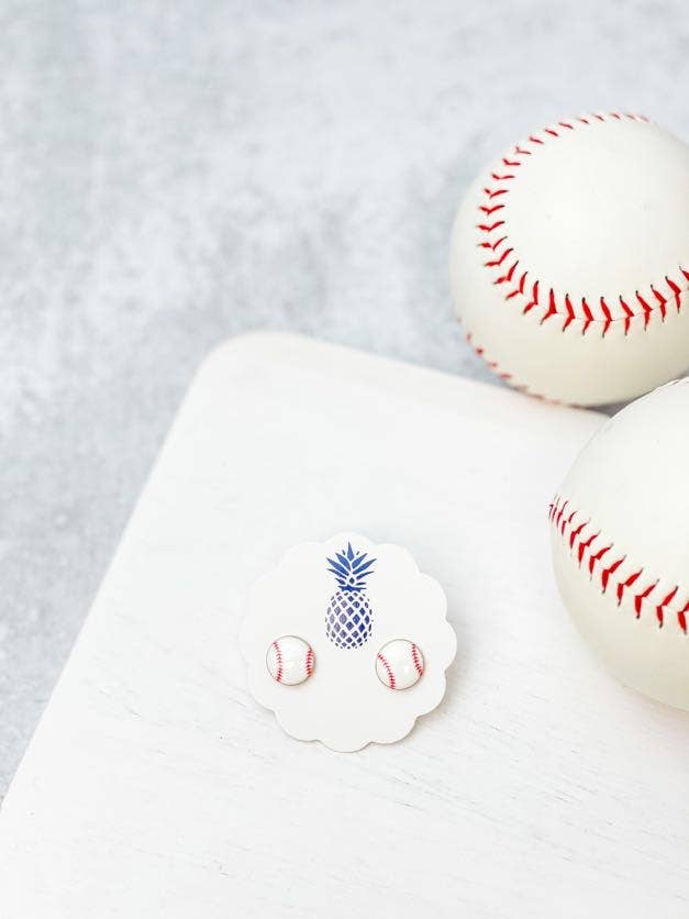 Baseball enamel stud earrings, nickel-free, 0.5 inch diameter