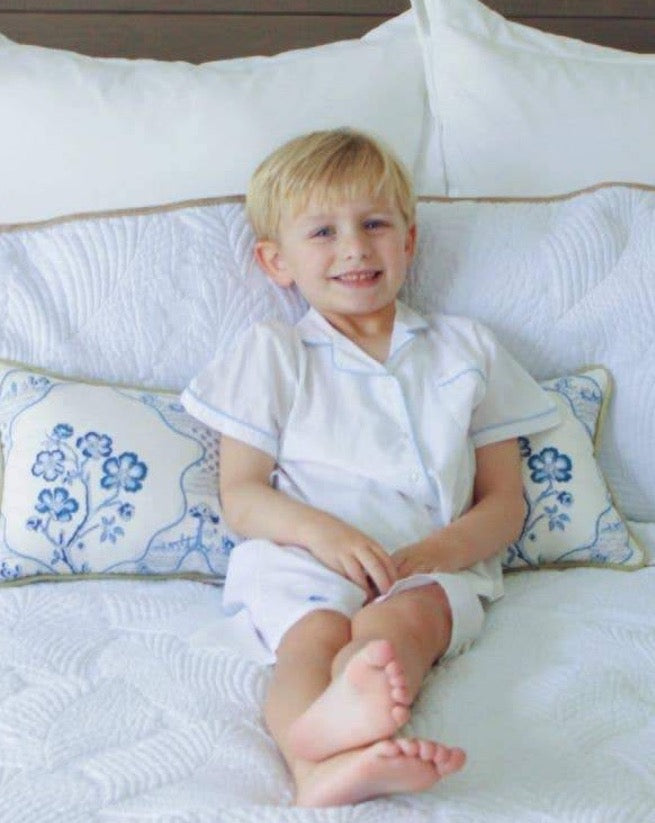 Boys Ship Shape white cotton shorts pajama set with embroidered blue and red sailboat motifs