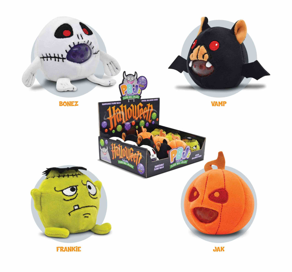 Four Halloween character plush toys from Streamline's PBJ's series: Bonez, Vamp, Frankie, Jak