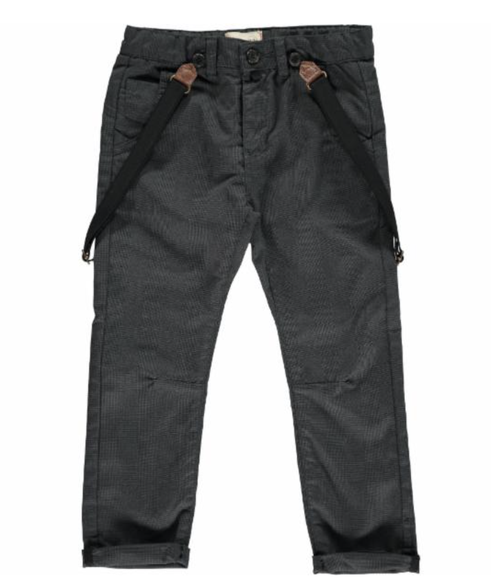 Black dogtooth woven trousers with removable braces by Me & Henry