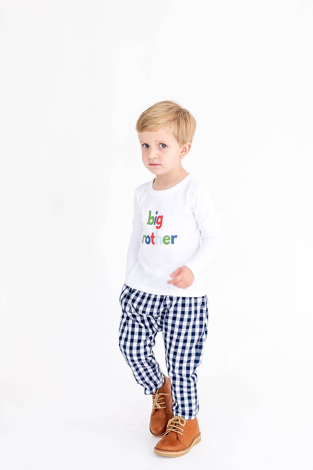 Navy and white gingham skinny pant with drawstring waist by Little Paper Boat