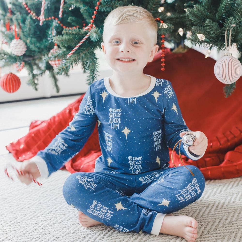 Bethlehem Star Buttflap PJs in navy with white starry dots and 'Oh Come Let Us Adore Him' text