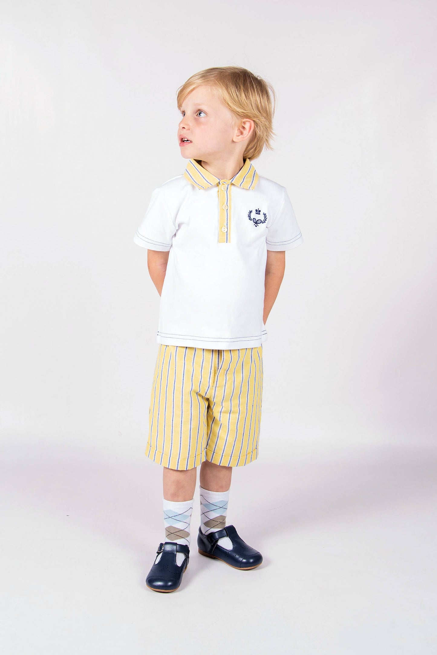 Beau Kid yellow and blue striped polo shirt with matching yellow shorts, two-piece set for boys