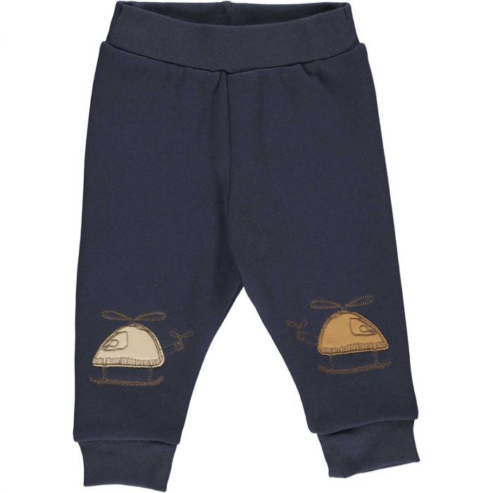 Navy Fred's World sweatpants with brown appliquéd helicopters on knees, ribbed cuffs
