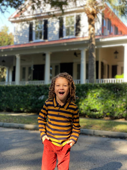 Me & Henry Sumter Mustard and Navy Stripe Pique Polo