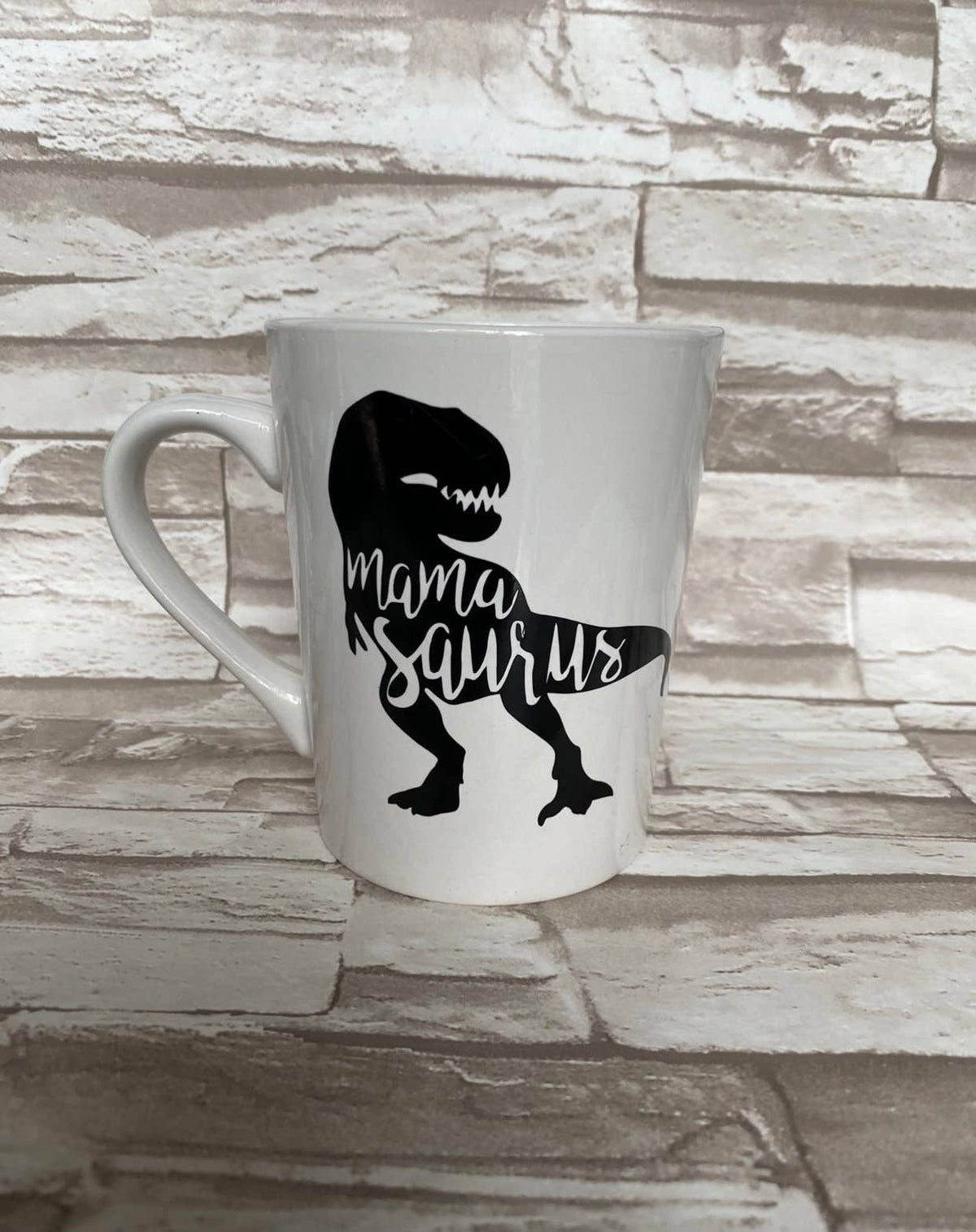 MamaSaurus ceramic coffee mug with permanent vinyl decal in multiple colors