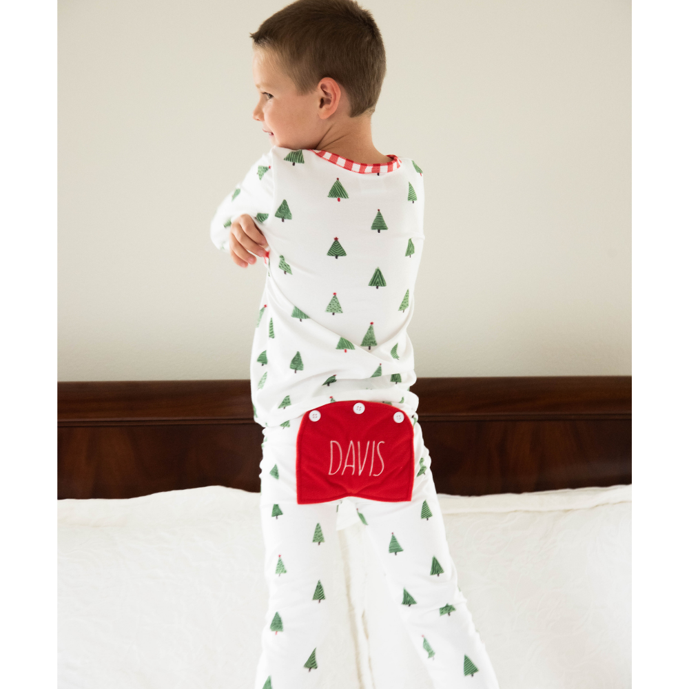 Christmas Tree Buttflap Pajamas in festive print by Sugar Bee Clothing