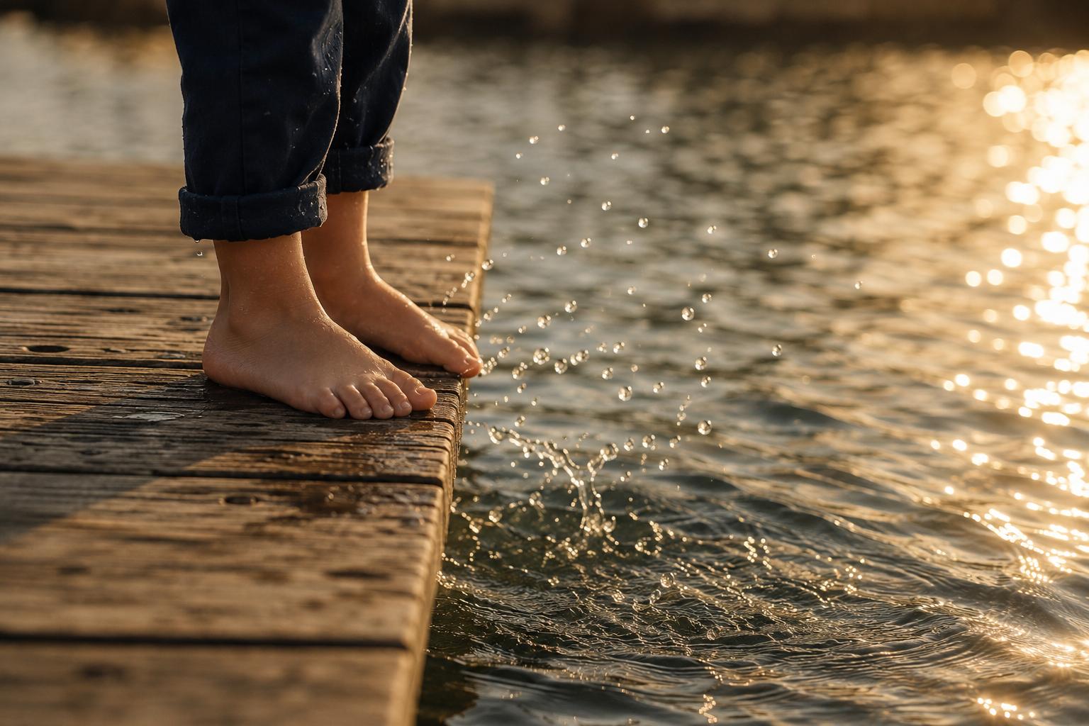 A child's bare feet and rolled navy chinos at the edge of a sunlit dock, water splashing below