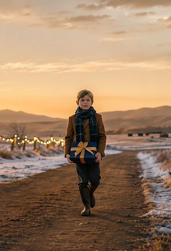 A boy in a tweed jacket and tartan scarf carrying a navy gift tied with gold ribbon