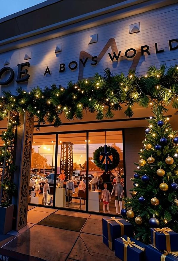 The ParkerJoe Rice Village boutique at dusk, dressed for the holidays