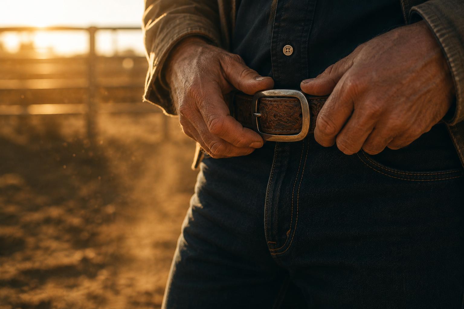 Hands cinching a tooled leather belt at golden hour, arena dust behind