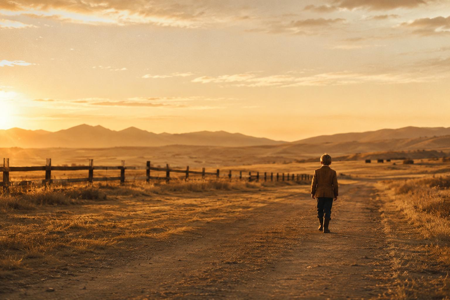 A boy in heritage tailoring walks a ranch road at golden hour