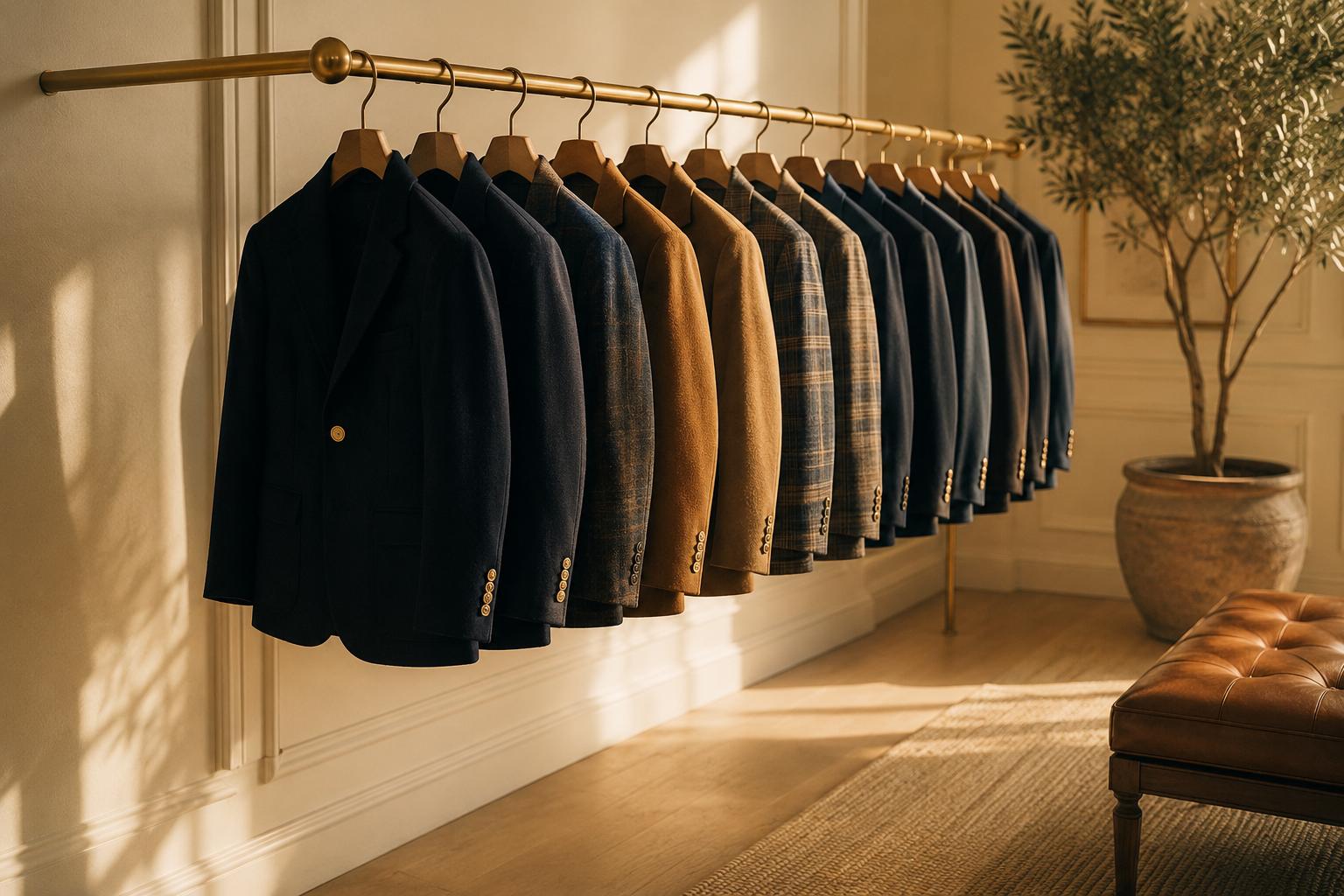 A brass rail of tailored jackets inside the cream ParkerJoe atelier