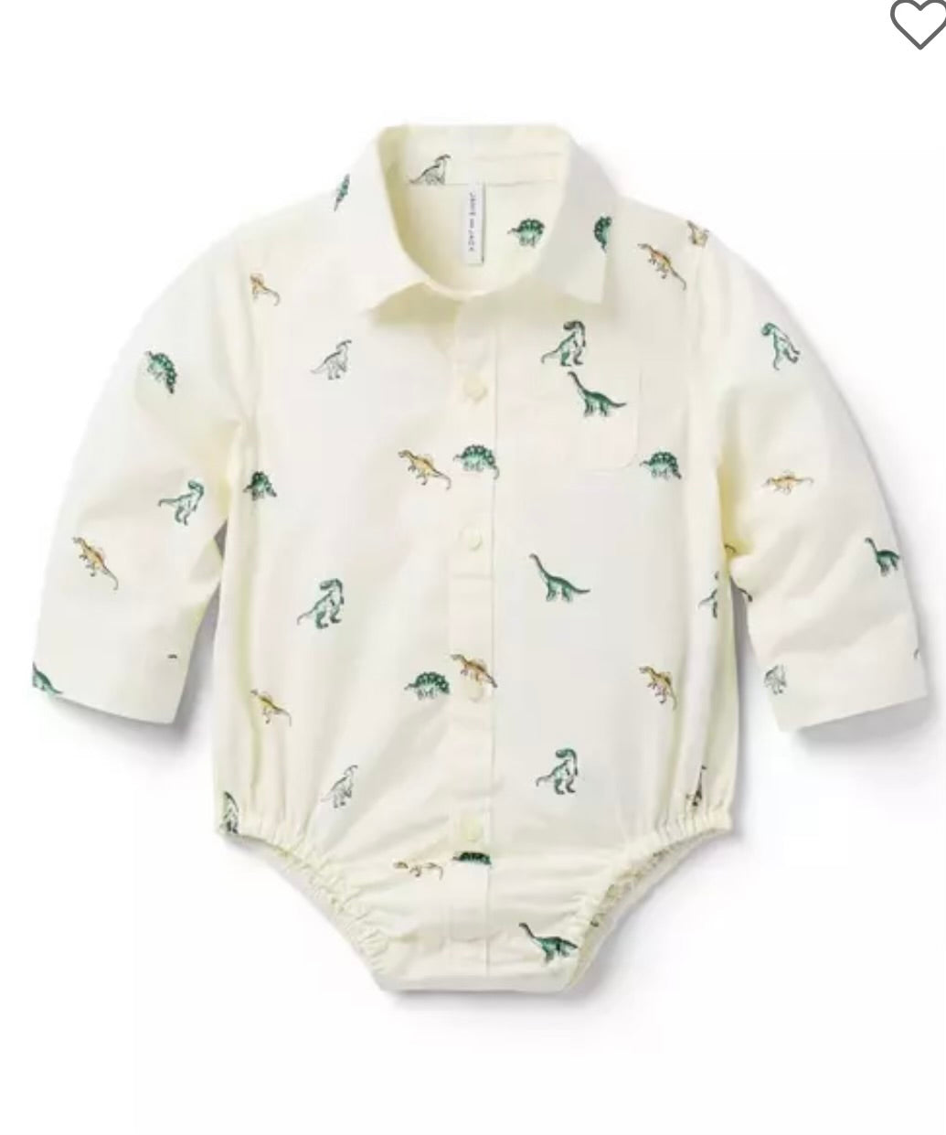 Long-sleeve ivory cotton poplin bodysuit with subtle dinosaur print, button front, and collared neckline by Janie and Jack