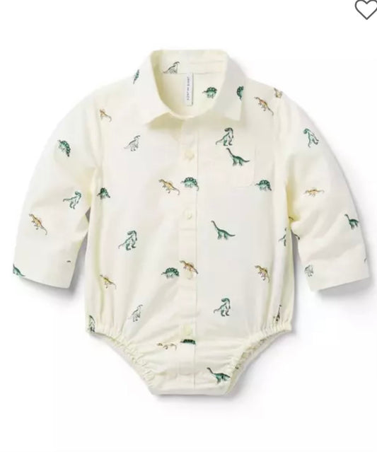 Long-sleeve ivory cotton poplin bodysuit with subtle dinosaur print, button front, and collared neckline by Janie and Jack