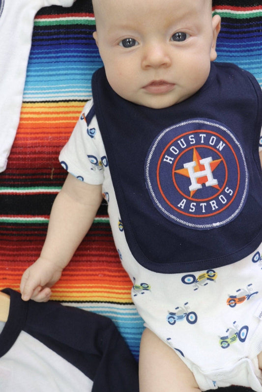 Houston Baseball Baby Bib, handmade appliqué design, velcro closure, Sweet Texas Treasures brand.