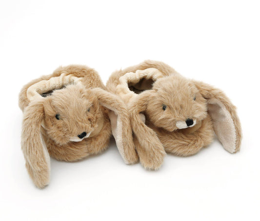 Brown plush bunny baby slippers with soft brushable hair, handcrafted by Jomanda