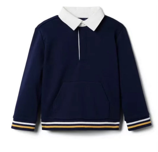 Navy rugby sweatshirt with contrasting collar and button placket detail, Janie and Jack