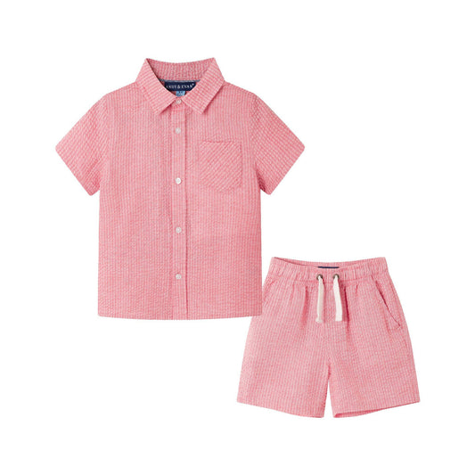 Short Sleeve Buttondown & Short Set | Coral Seersucker